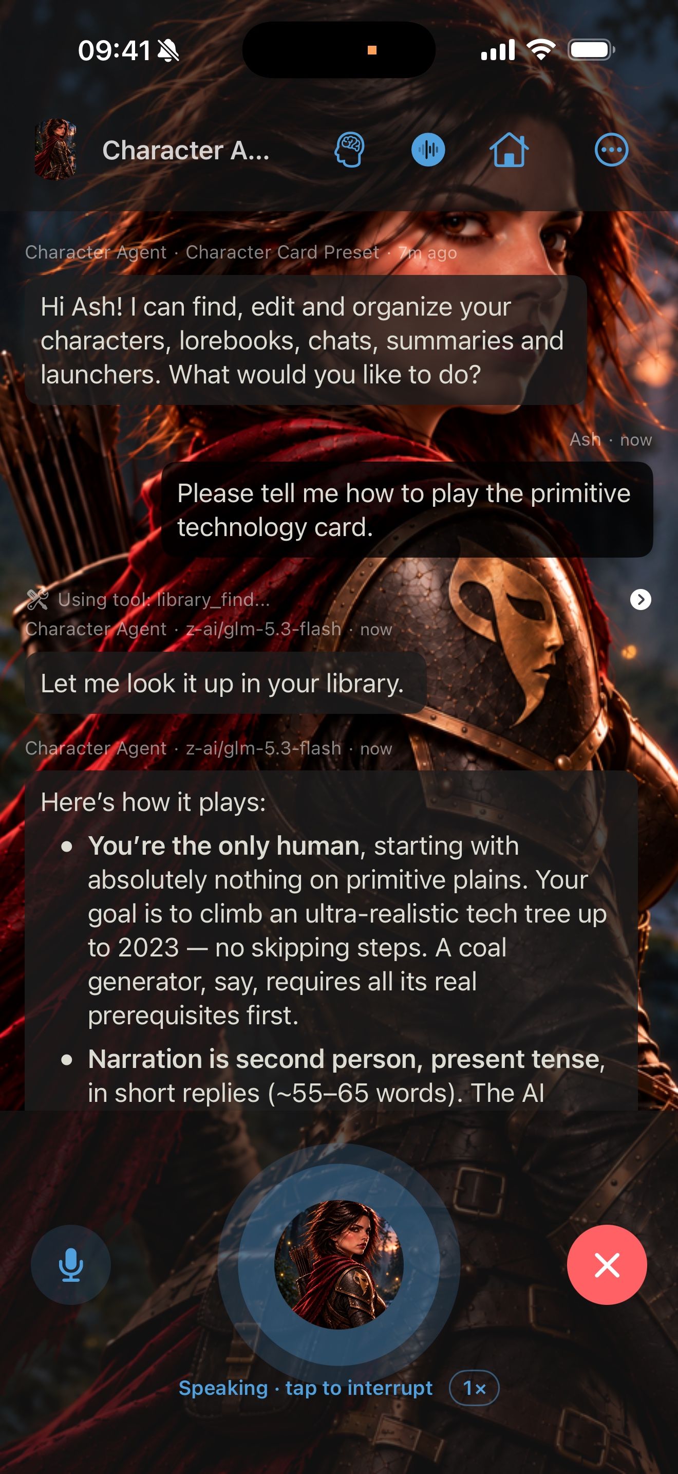 Character Agent answering in voice chat, looking up a lorebook in the library.