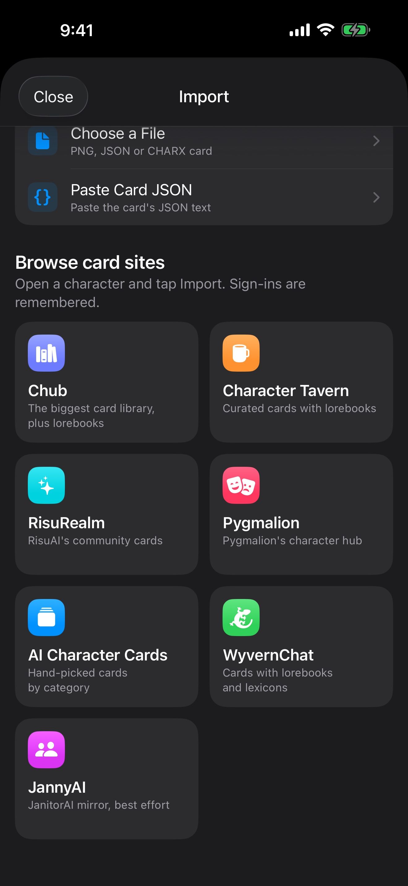 Browse card sites: Chub, Character Tavern, RisuRealm, Pygmalion, AI Character Cards, WyvernChat and JannyAI.
