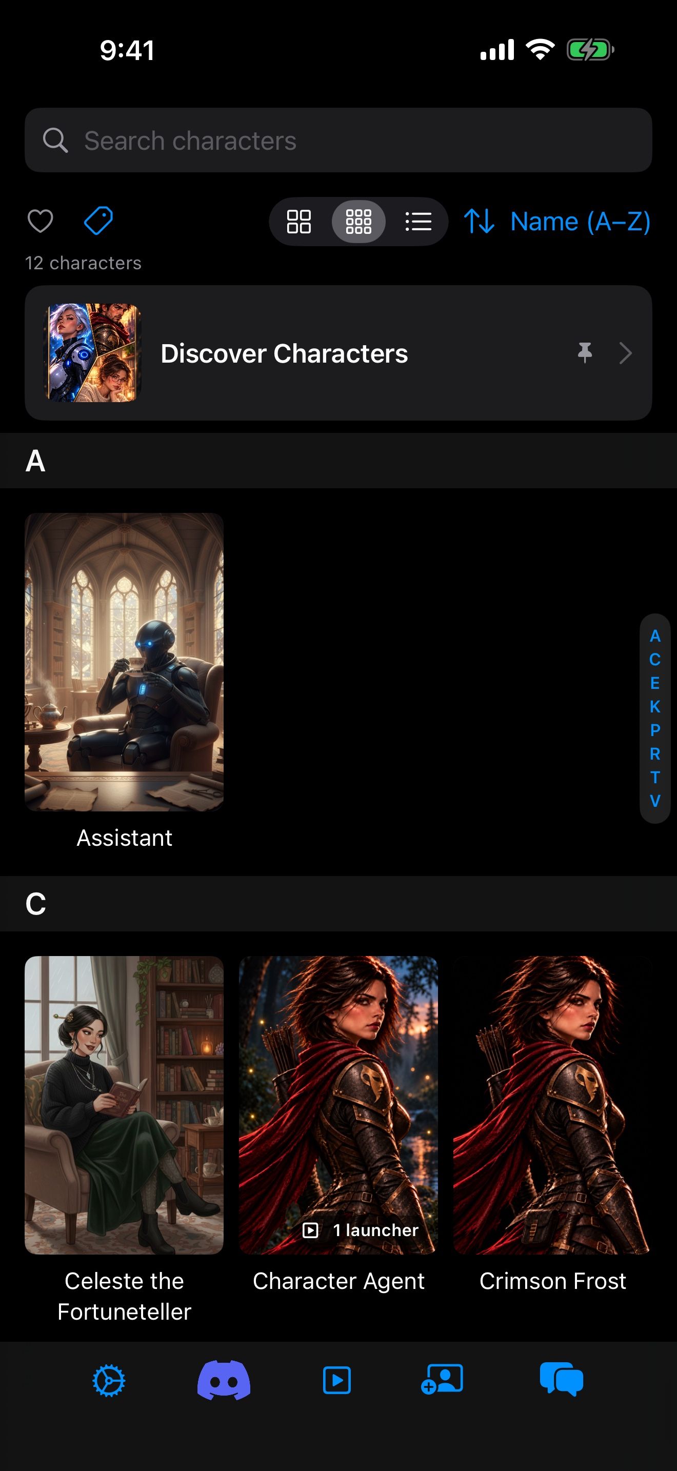 The character library in a compact grid, including Crimson Frost.