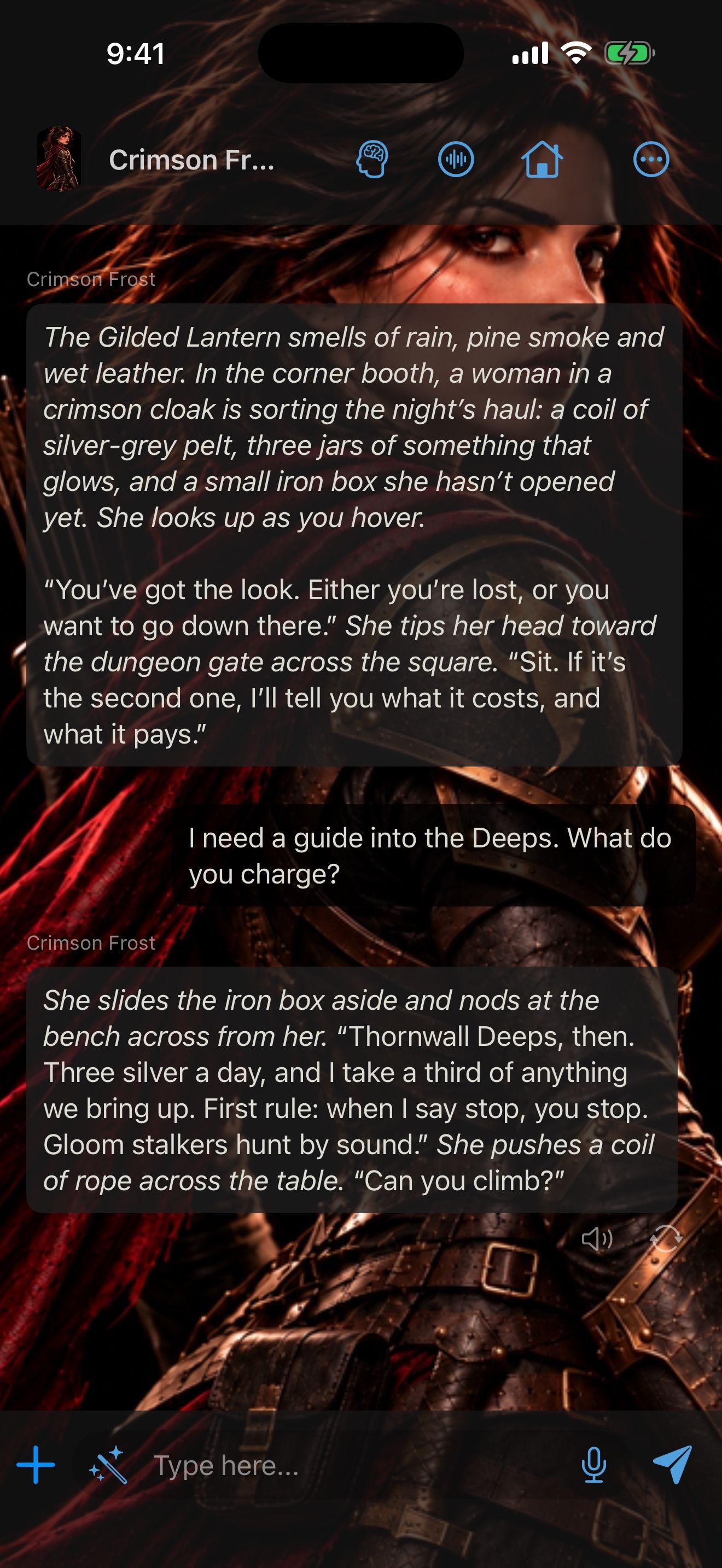 A chat with Crimson Frost in the Gilded Lantern, with her portrait behind the chat.