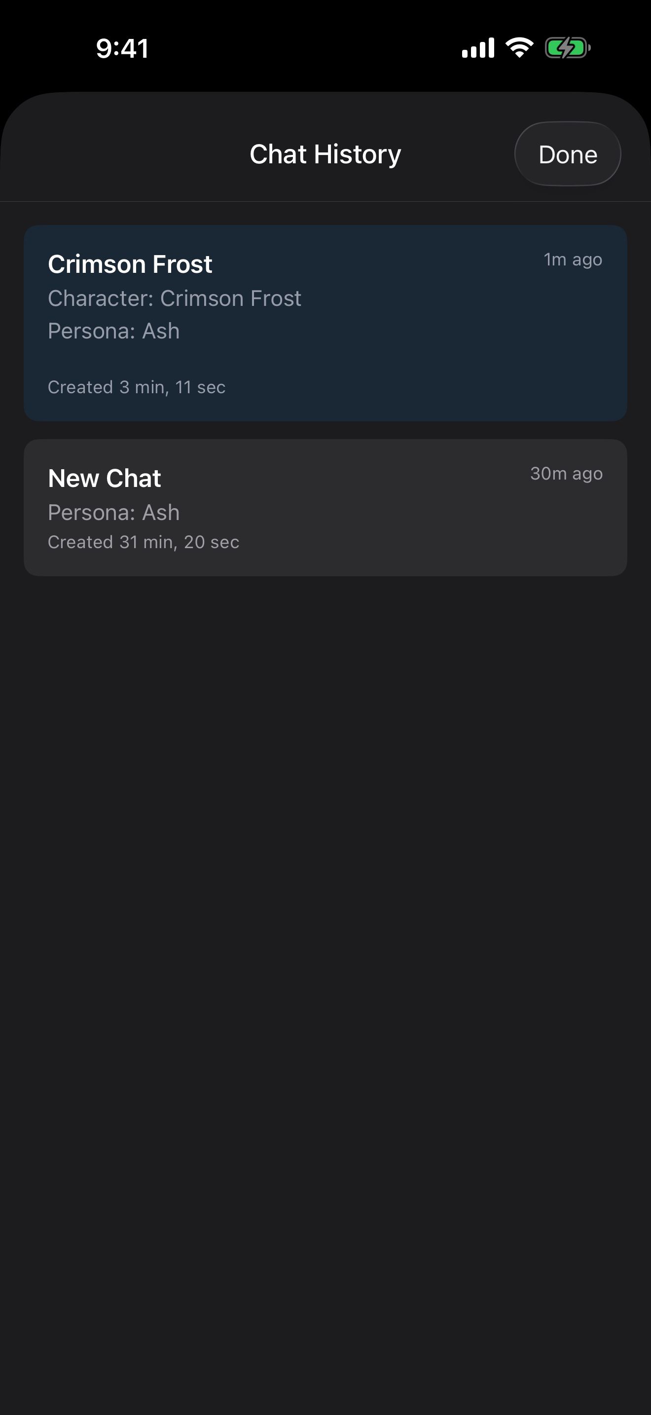 Chat History with a chat with Crimson Frost.