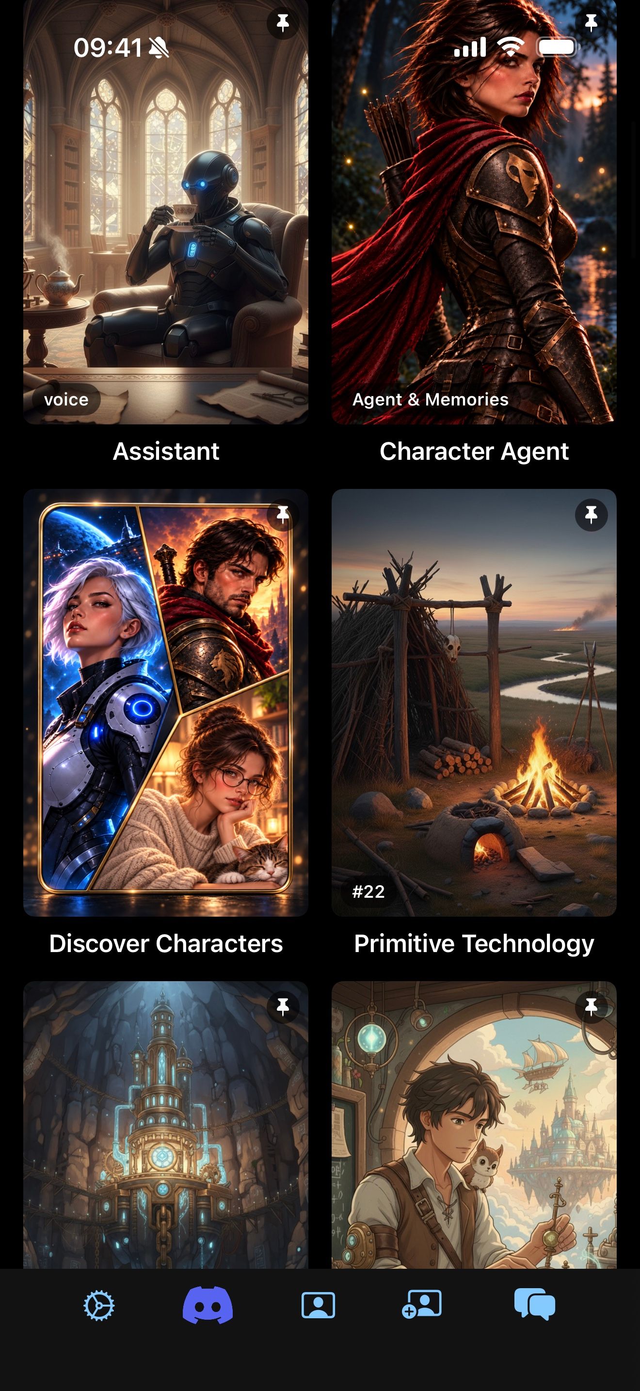 The home screen with launcher tiles: Assistant, Character Agent, Discover Characters and more.