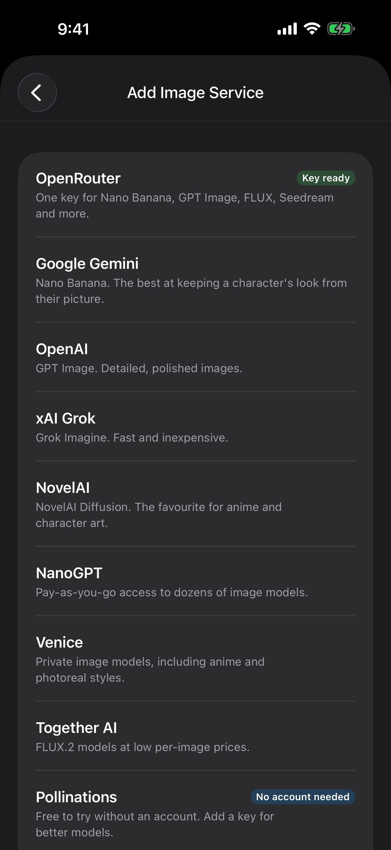 Add Image Service: OpenRouter, Google Gemini, OpenAI, xAI Grok, NovelAI, NanoGPT, Venice, Together AI and Pollinations.