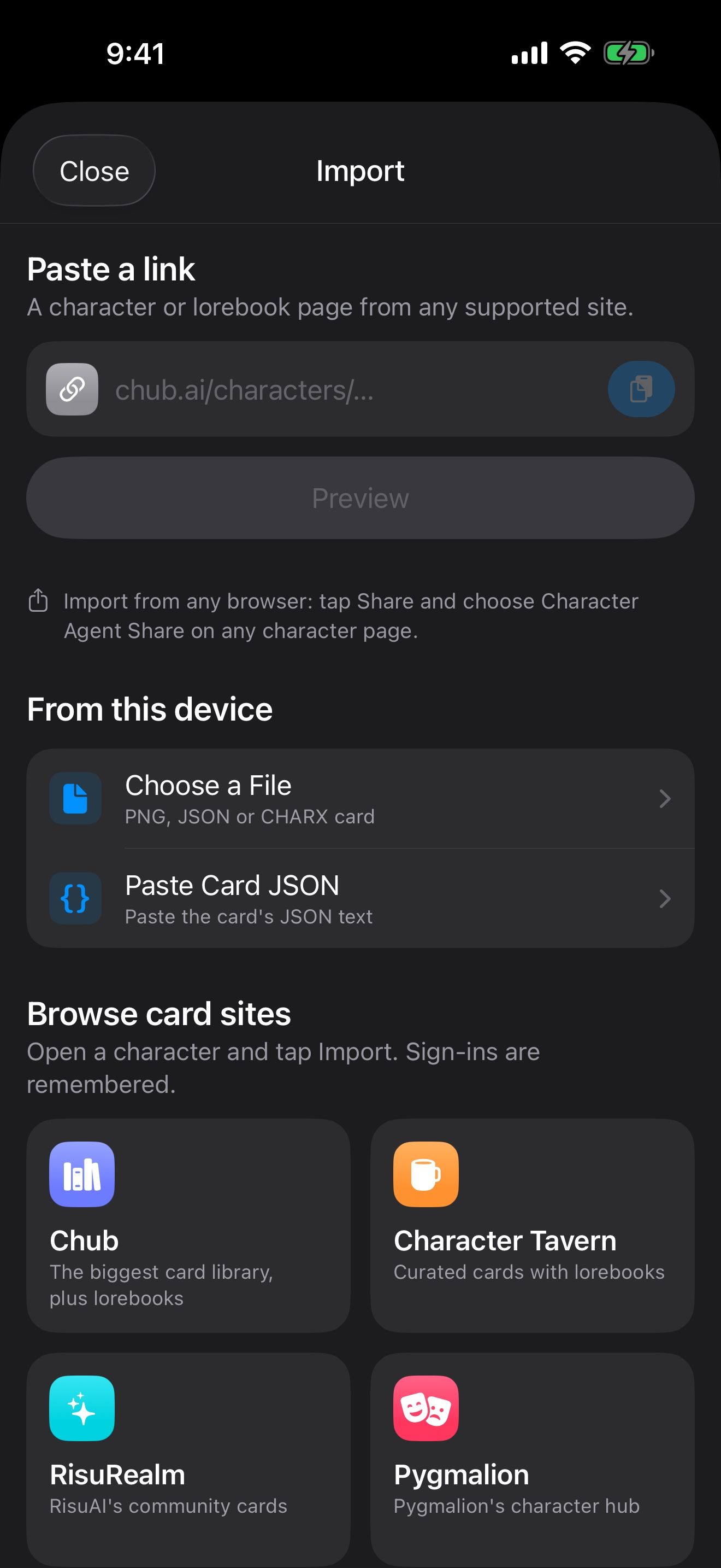 The Import screen: Paste a link, From this device, and Browse card sites.