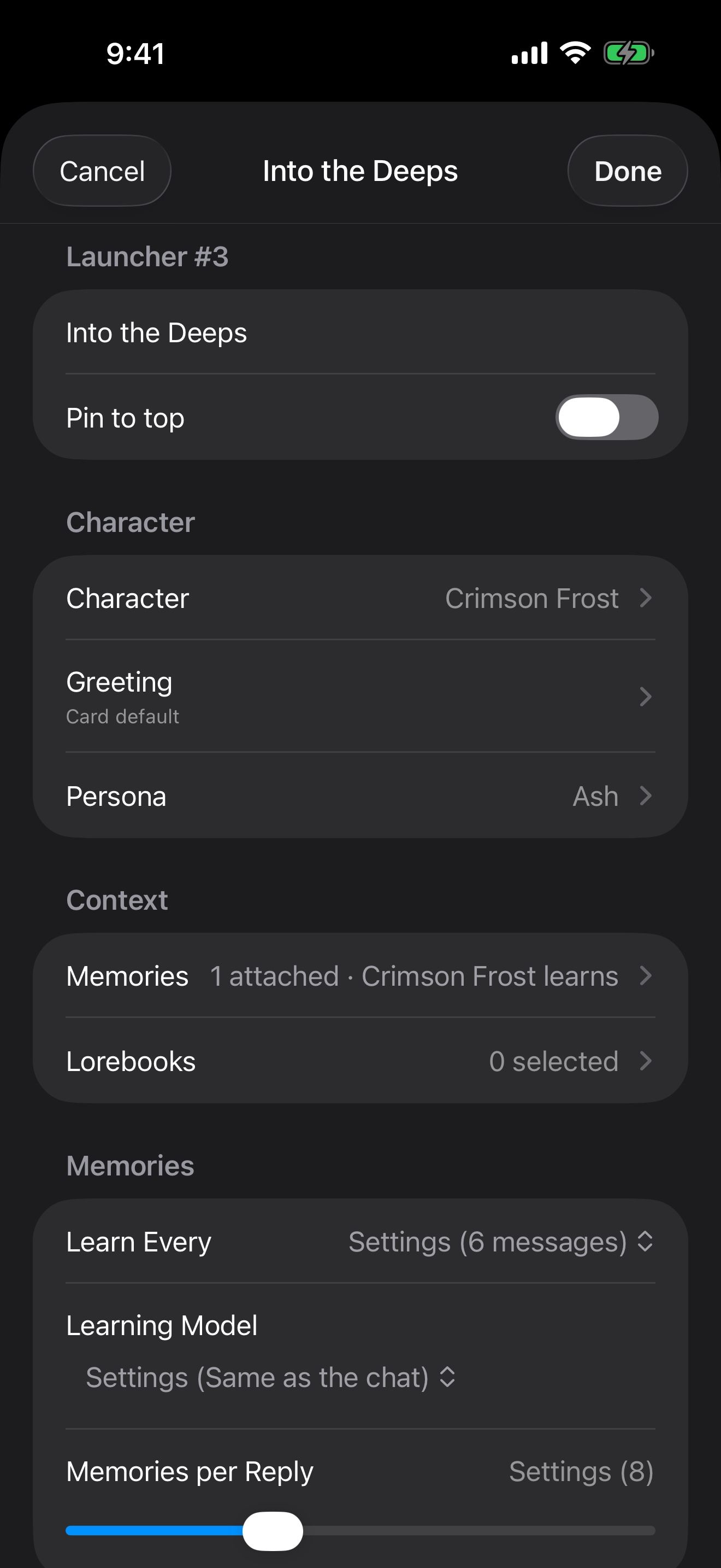 A launcher named Into the Deeps: Crimson Frost, her greeting, the persona Ash, and one memory attached.