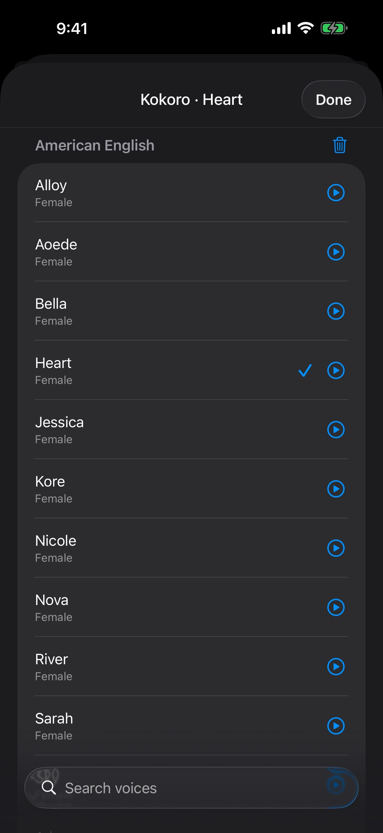 The Kokoro voice list with Heart selected and a play button for each voice.