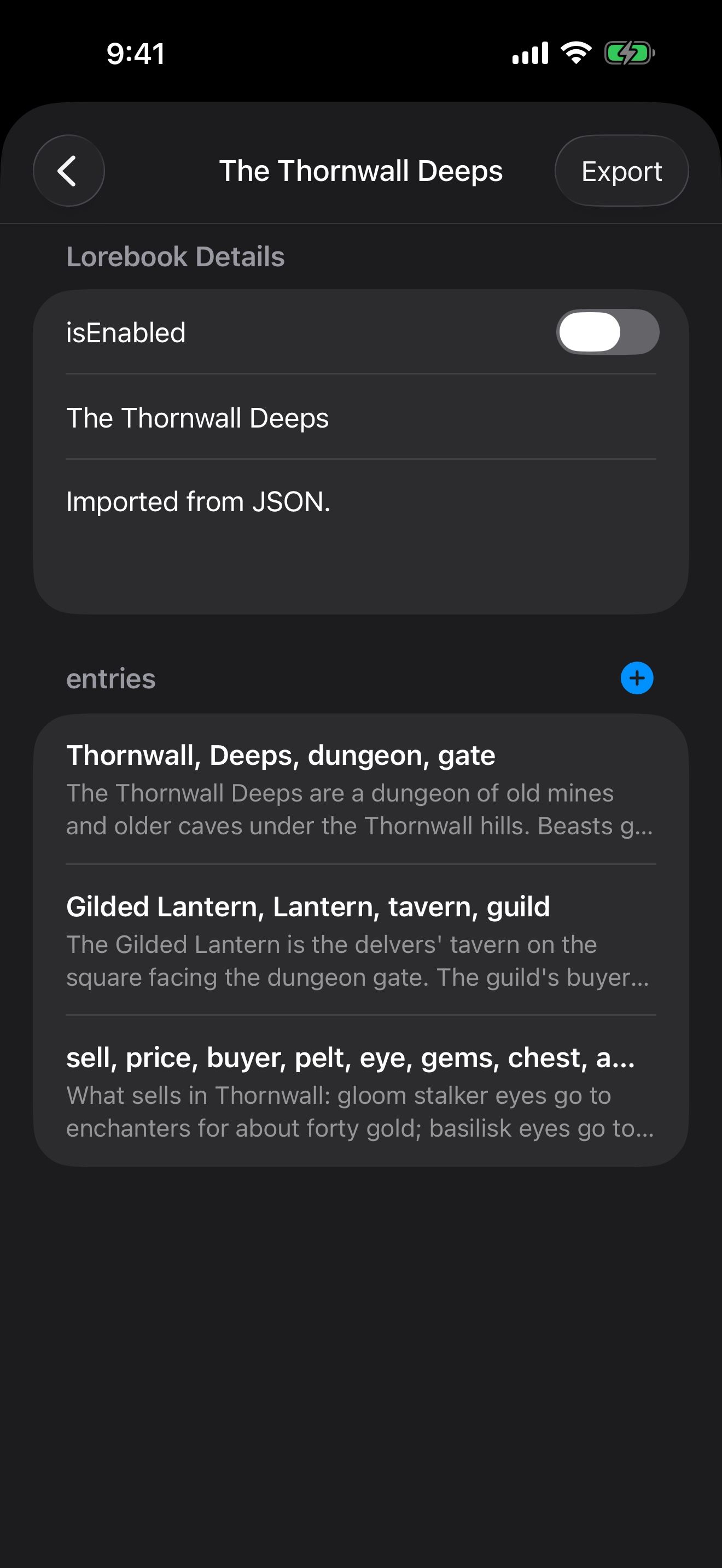 The Thornwall Deeps lorebook with three entries and their keywords.