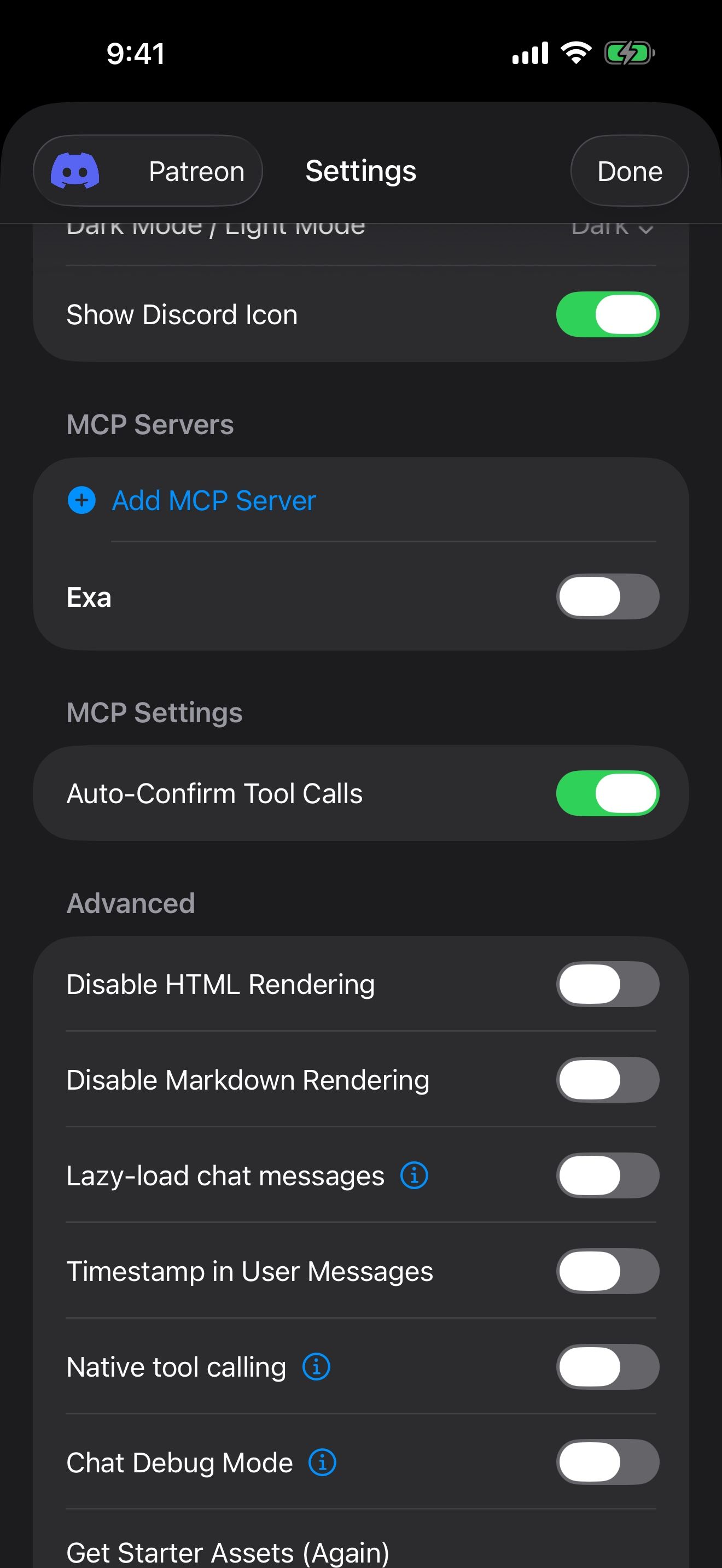 Settings: MCP Servers with Add MCP Server and Exa, and Auto-Confirm Tool Calls.