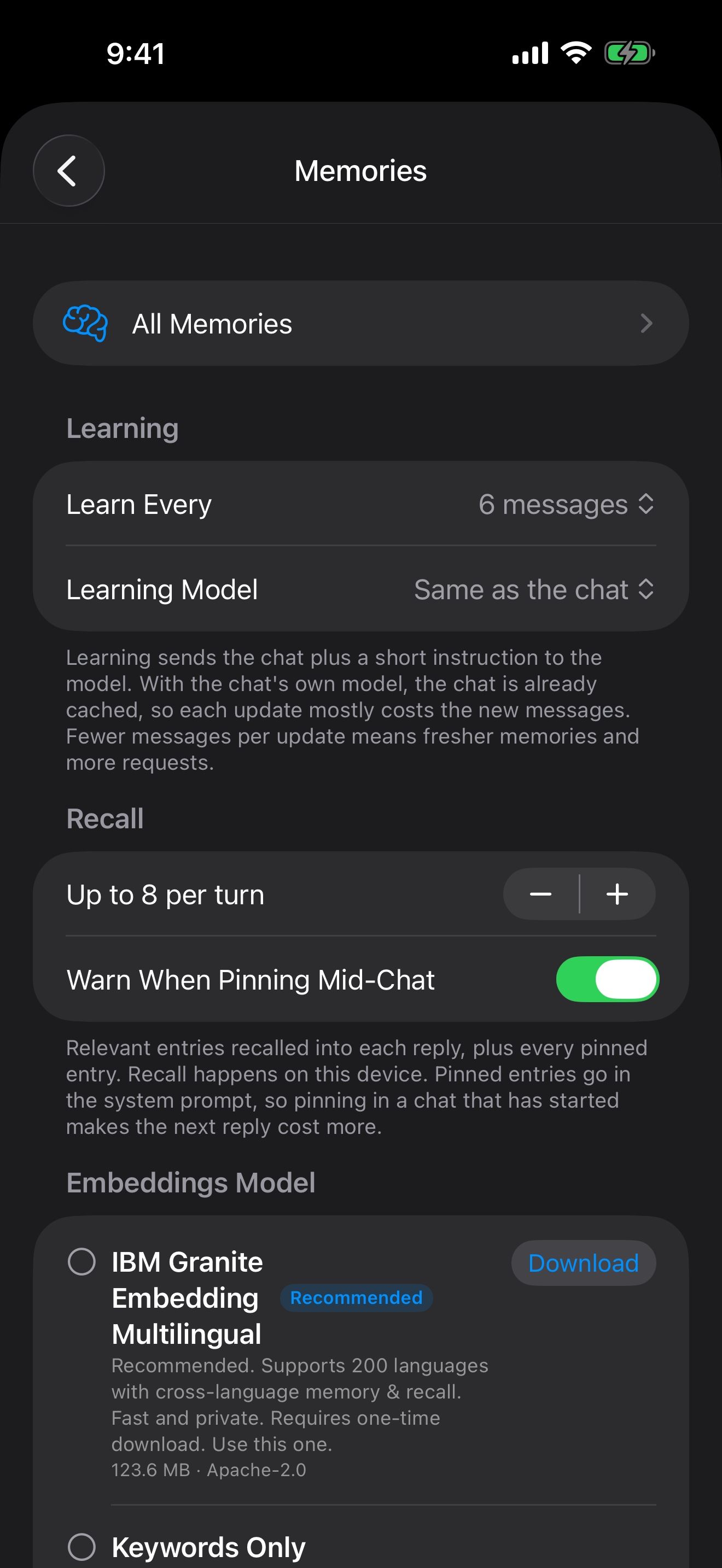Memory settings: Learn Every 6 messages, Learning Model, recall up to 8 per turn, and the embeddings model.