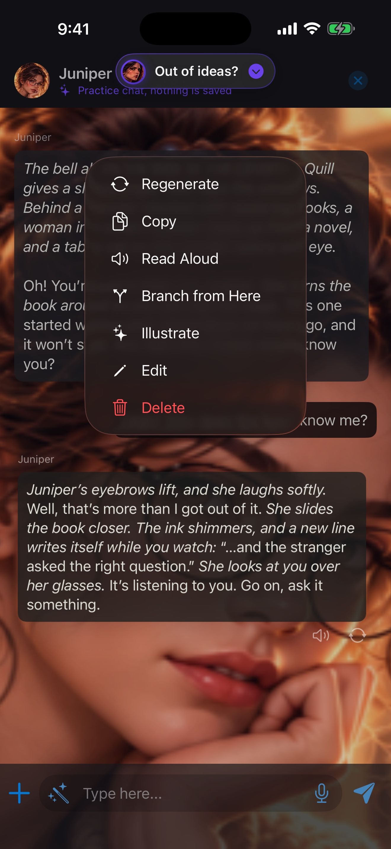 The long-press menu on a reply: Regenerate, Copy, Read Aloud, Branch from Here, Illustrate, Edit, Delete.