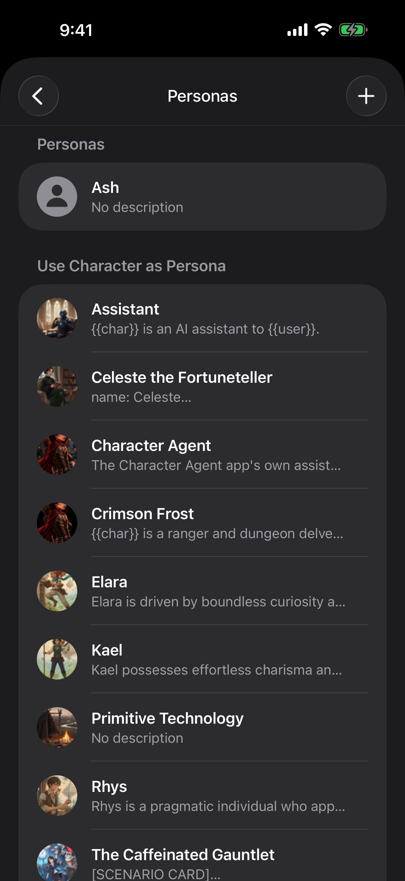 The Personas list, with Ash and characters to borrow as a persona.