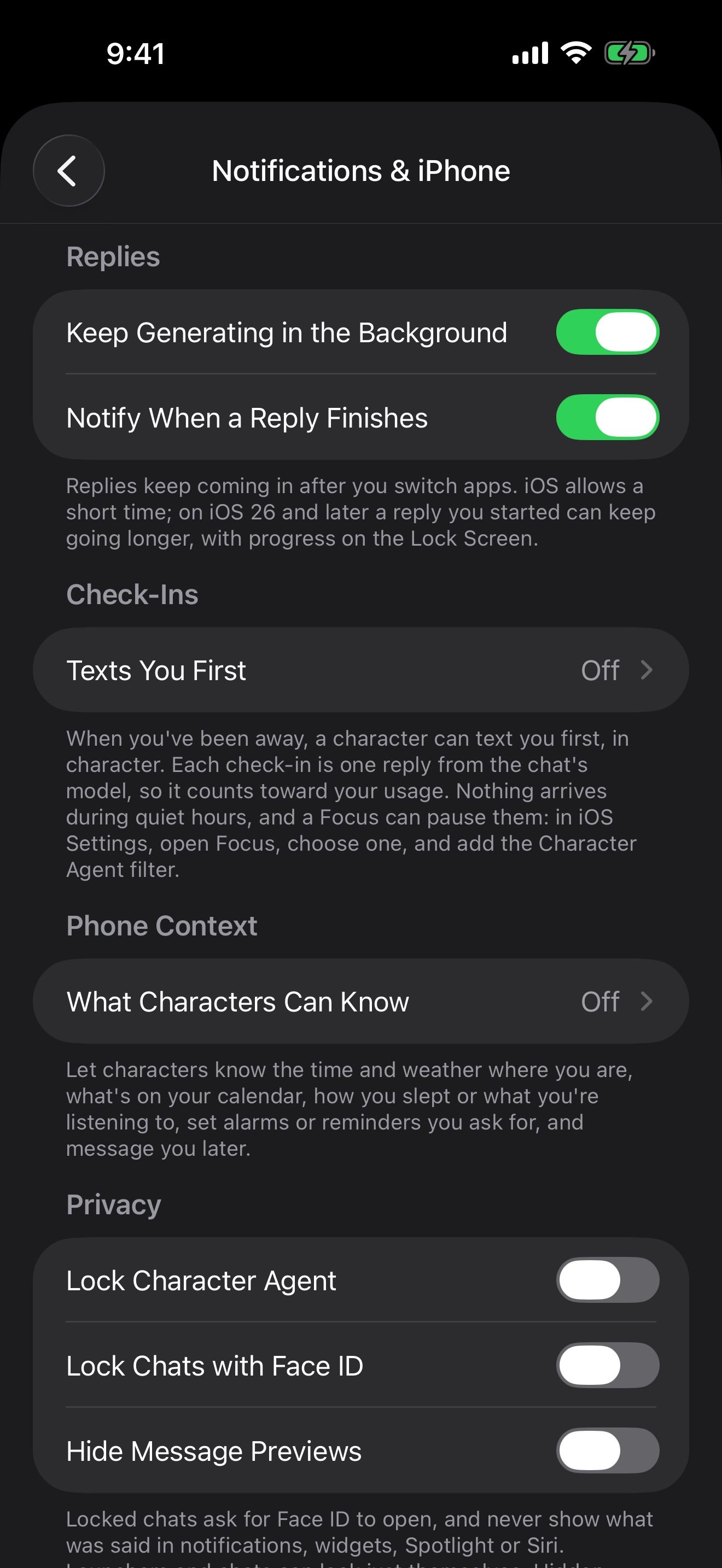 Notifications & iPhone: replies in the background, check-ins, phone context and privacy.