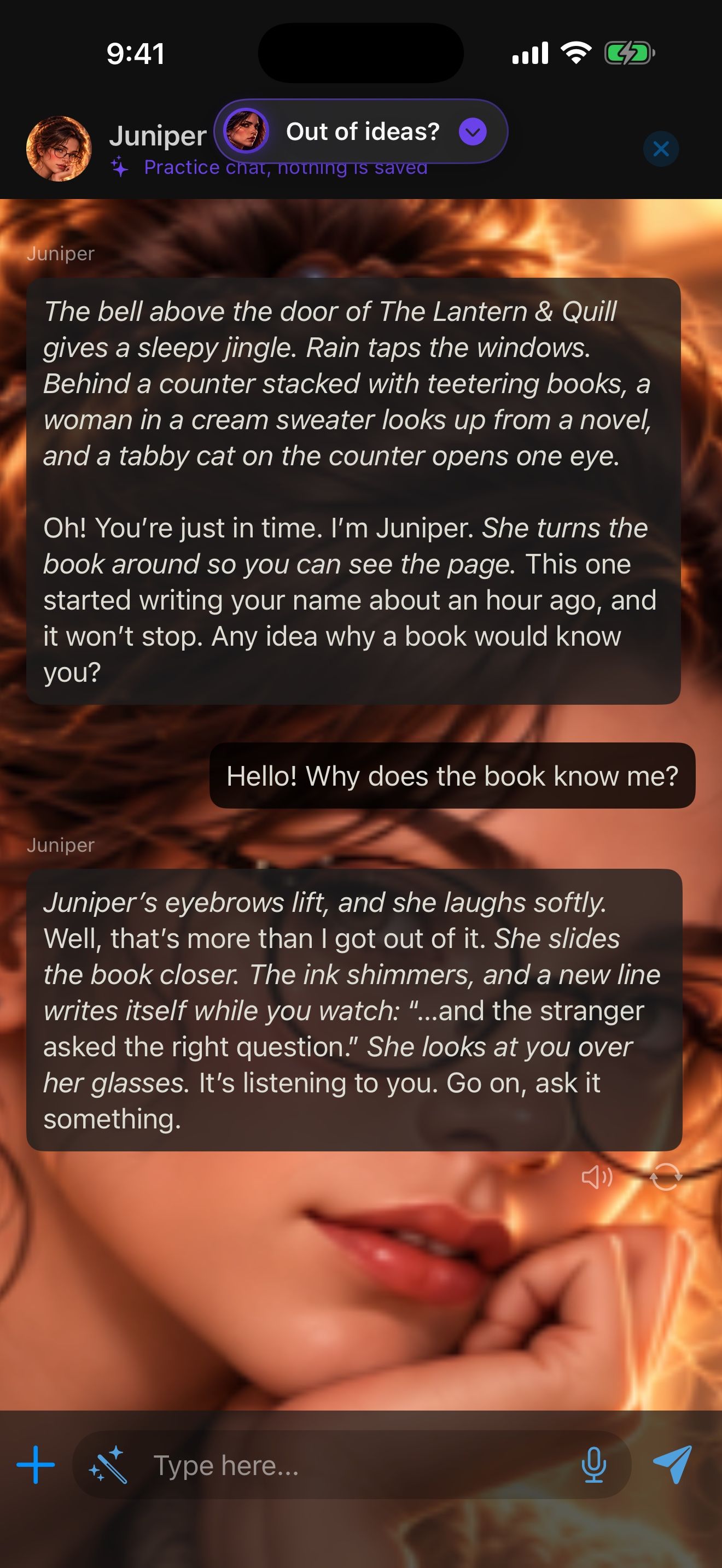 The practice chat with Juniper: her bookshop greeting, a question, and her reply.