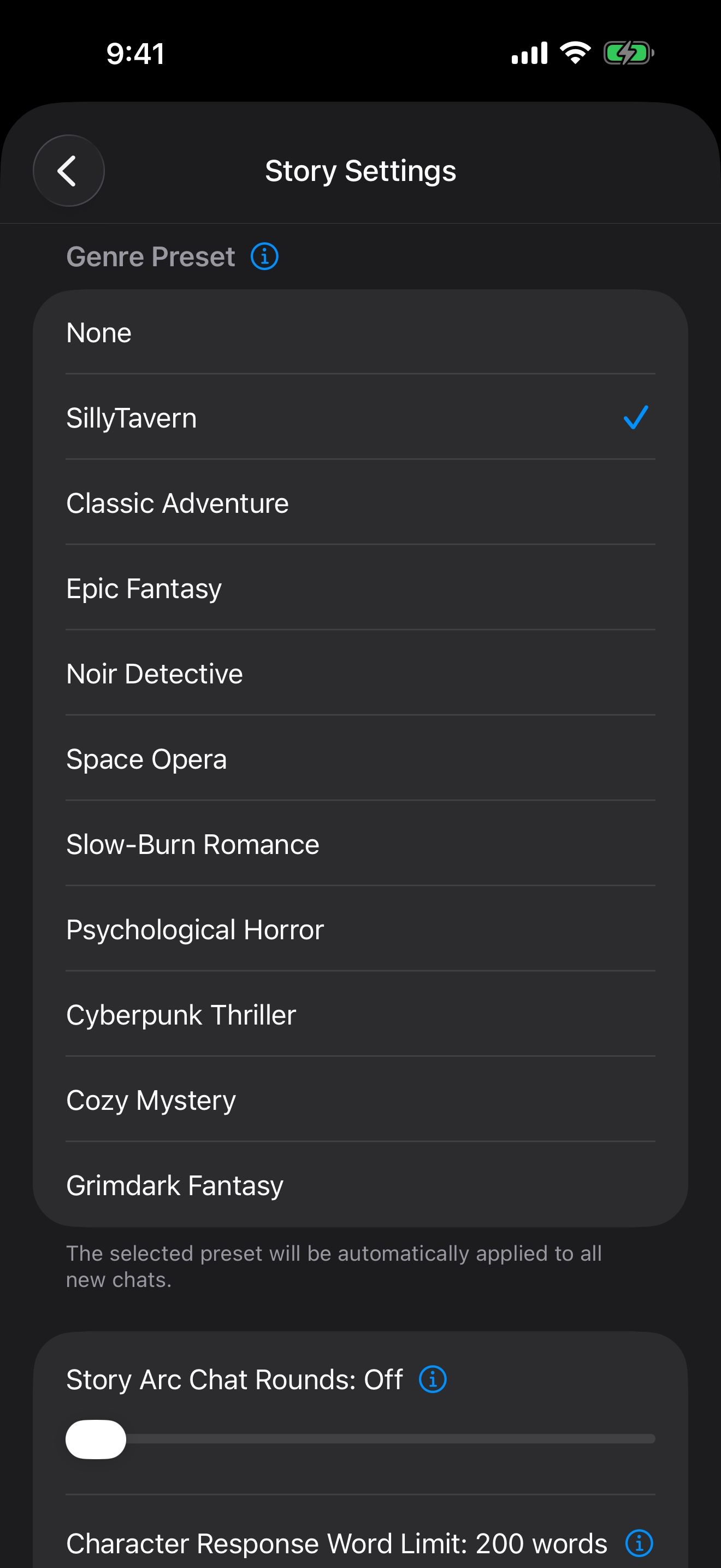 Story Settings: genre presets from Classic Adventure to Grimdark Fantasy, story arc rounds and the word limit.