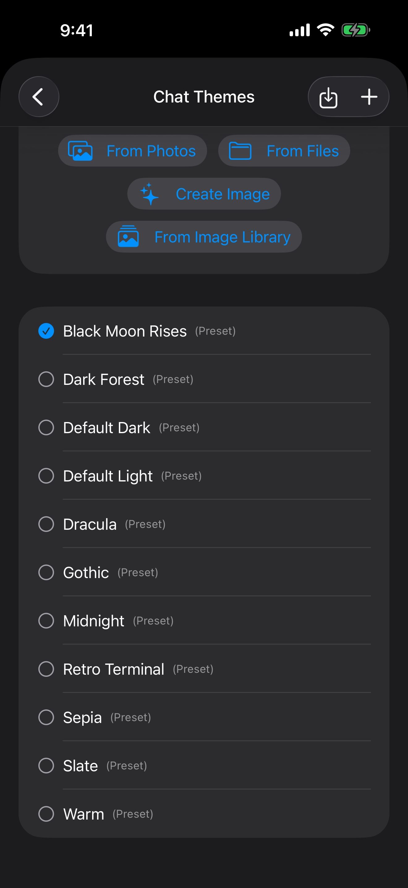 Chat Themes: the eleven built-in themes, with Black Moon Rises selected.