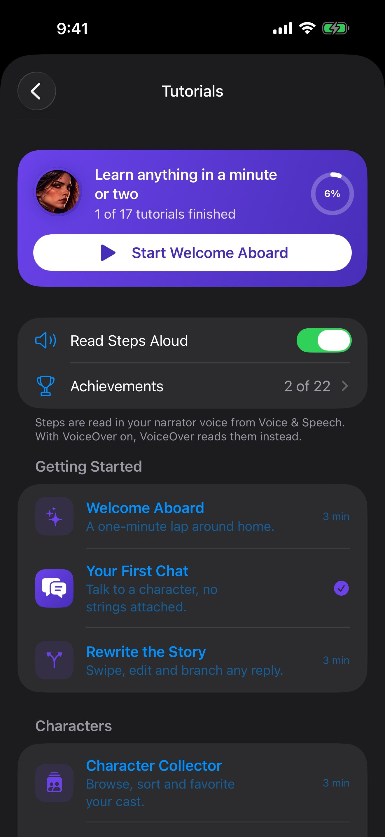 Settings › Tutorials, with the welcome tour, progress and badges.