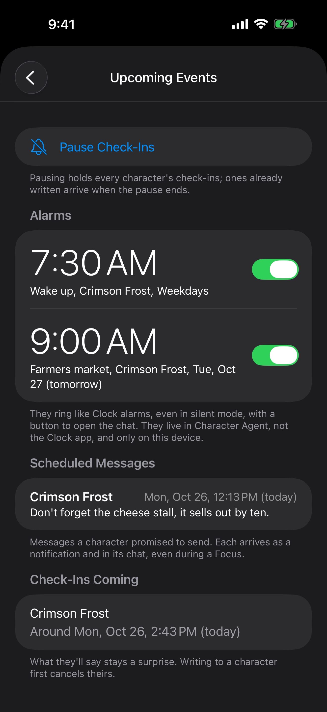 Upcoming Events: alarms, a scheduled message and a check-in from Crimson Frost.