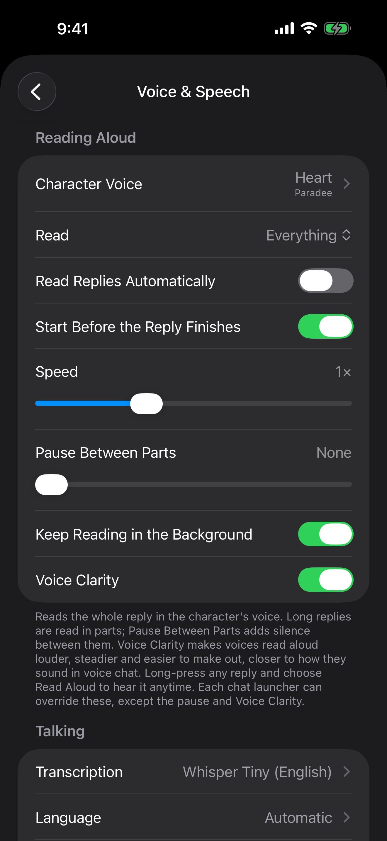 Voice & Speech settings with Heart as the character voice and Whisper transcription.